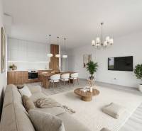 2 izb.BYT s POZEMKOM, PARKINGOM, Golf rezort Hrubá Borša - Štýlový interiér 2-izbového bytu s podlahou s dreveným dekorom, útulný obývací priestor.