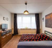 SLNEČNÝ A TICHÝ BYT S KRÁSNYM VÝHĽADOM - Spálňa s posteľou, komodou a televízorom, podlaha s dreveným dekorom v 2-izbovom byte.