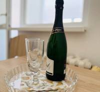 EXKLUZÍVNE - Pekný 1i byt po rekonštrukcii 38m2, loggia, Na hlinách - Fľaša sektu a poháre na podnose v kuchyni 1-izbového bytu.