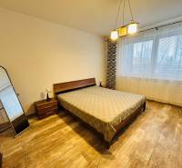 Prenajom 3 izb. bytu na Vajanskeho v NZ - Spálňa so zrkadlom, posteľou, svietidlom a podlahou s dreveným dekorom v 3-izbovom byte.