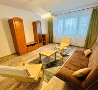 Prenajom 3 izb. bytu na Vajanskeho v NZ - Obývacia izba v 3-izbovom byte s podlahou s dreveným dekorom, pohodlným sedením a nábytkom.