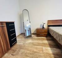 Prenajom 3 izb. bytu na Vajanskeho v NZ - Spálňa v 3-izbovom byte, podlaha s dreveným dekorom, nábytok z tmavého dreva.