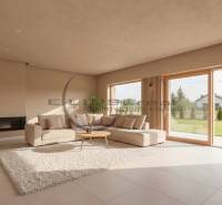 NA PREDAJ NOVOSTAVBA moderný 4-izbový rodinný dom v Malých Levároch - Obývačka rodinného domu s priestrannou pohovkou, krbom a výhľadom do záhrady.