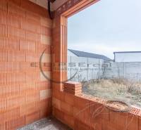 NA PREDAJ NOVOSTAVBA moderný 4-izbový rodinný dom v Malých Levároch - Nedokončená časť rodinného domu s tehlovým múrom, pohľad na záhradu v Malých Levároch.