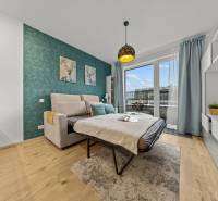 ZARIADENÝ 1-IZBOVÝ BYT, SLNEČNICE – IDEÁLNA INVESTÍCIA AJ BÝVANIE - Jednoizbový byt s rozkladacou pohovkou, balkónom, zelenou stenou a podlahou s dreveným dekorom.