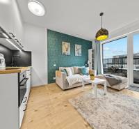 ZARIADENÝ 1-IZBOVÝ BYT, SLNEČNICE – IDEÁLNA INVESTÍCIA AJ BÝVANIE - Kuchyňa a obývačka s podlahou s dreveným dekorom v 1-izbovom byte.