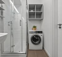 ZARIADENÝ 1-IZBOVÝ BYT, SLNEČNICE – IDEÁLNA INVESTÍCIA AJ BÝVANIE - Kúpeľňa s práčkou, sprchovacím kútom a bielymi stenami v 1-izbovom byte.