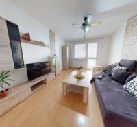 REZERVOVANÉ/ 3- izbový byt blízko centra mesta, Vrbové - Obývacia izba s podlahou s dreveným dekorom, TV a pohovkou v 3-izbovom byte.