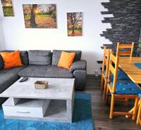 Útulný byt s loggiou a klimatizáciou, Rovniankova.Províziu neplatíte - Obývačka v 3-izbovom byte s tmavým gaučom, kamennou stenou a dreveným stolom.