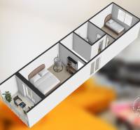 Mezonetový 3-izb. byt, Stará Ľubovňa, Popradská ulica - Vizualizácia 3-izbového bytu s podlahou s dreveným dekorom, nábytkom a oknami.