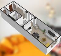 Mezonetový 3-izb. byt, Stará Ľubovňa, Popradská ulica - Pôdorys 3-izbového bytu s kuchyňou, obývacou izbou a podlahou s dreveným dekorom.