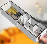 Mezonetový 3-izb. byt, Stará Ľubovňa, Popradská ulica - 3D pôdorys 3-izbového bytu s podlahou s dreveným dekorom, žltou pohovkou a schodiskom.