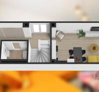 Mezonetový 3-izb. byt, Stará Ľubovňa, Popradská ulica - Vizualizácia 3-izbového bytu s podlahou s dreveným dekorom, schodiskom a žltým sedacím nábytkom.