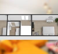 Mezonetový 3-izb. byt, Stará Ľubovňa, Popradská ulica - Pôdorys 3-izbového bytu s podlahou s dreveným dekorom a vybavením.