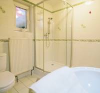 EXKLUZÍVNE / RODINNÝ DOM NA PREDAJ V OBCI SÚĽOV - Kúpeľňa v rodinnom dome s rohovým sprchovým kútom, toaletou a dlažbou.