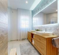 RIVERS | Viacgeneračný zrekonštruovaný rodinný dom v Ivanke pri Dunaji - Kúpeľňa v rodinnom dome s veľkým zrkadlom, dvomi umývadlami a podlahou s dreveným dekorom.