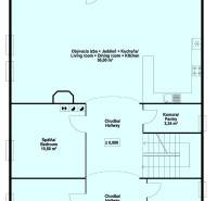 RIVERS | Viacgeneračný zrekonštruovaný rodinný dom v Ivanke pri Dunaji - Pôdorys prízemia rodinného domu s terasou, záhradou, dvoma spálňami a kuchyňou.