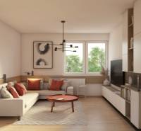 REZERVOVANÉ! Na predaj 2 izb. byt blízko centra, Chorvátsky Grob - Obývačka s pohovkou, stolíkom a regálmi v 2-izbovom byte s podlahou s dreveným dekorom.