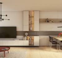 REZERVOVANÉ! Na predaj 2 izb. byt blízko centra, Chorvátsky Grob - Obývacia izba v 2-izbovom byte s podlahou s dreveným dekorom, veľkou TV a jedálenským stolom.