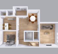 Nová ponuka - Rodinný dom v CENTRE MESTA Rajecké Teplice - Dispozícia rodinného domu s podlahou s dreveným dekorom obsahuje obývačku, kuchyňu a spálňu.