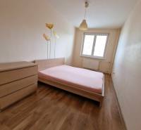 Na  prenájom 2-izb. byt, Bratislava, Ružinov, Vlčie hrdlo ulica - Spálňa v 2-izbovom byte s podlahou s dreveným dekorom a kvetinovým motívom na stene.
