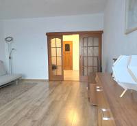 PRENÁJOM - Priestranný 3 izbový byt - Nitra, Centrum - Podlaha s dreveným dekorom, pohovka, skrinka a interiérové dvere v 3-izbovom byte.