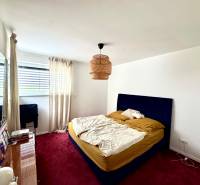 Moderný radový rodinný dom v Novej Dedinke, projekt “Lastovičky” - Spálňa v rodinnom dome s červeným kobercom, modrou posteľou a veľkým oknom.