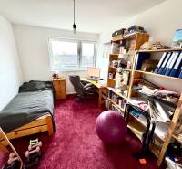 Moderný radový rodinný dom v Novej Dedinke, projekt “Lastovičky” - Izba v rodinnom dome so stolom, posteľou, policami a červeným kobercom.