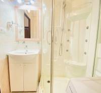 NA PRENÁJOM 2-IZBOVÝ BYT, NÁRODNÁ TRIEDA - Kúpeľňa s rohovou sprchou, umývadlom a práčkou v 2-izbovom byte.