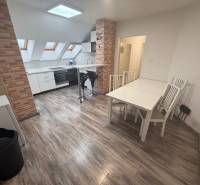 TOPOĽČANY Priestranný 1-izbový byt na prenájom 60 m2 - Kuchyňa v 1-izbovom byte s podlahou s dreveným dekorom a šikmými strešnými oknami.