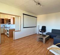 3-izbový byt na prenájom, 87 m2, Beethovenova ul. Nitra - Obývačka v 3-izbovom byte s podlahou s dreveným dekorom a kuchyňou.