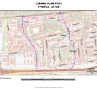 Exkluzívny stavebný pozemok Ružinov - Prievoz 760 m²   - Mapa územného plánu zóny Prievoz-Západ v Bratislave, zobrazuje hranice riešeného územia.