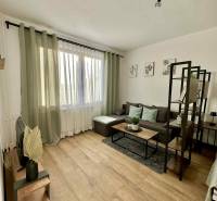 REZERVOVANÝ PREDAJ 1-izbový byt, Vlčince - okr. Žilina - Interiér 1-izbového bytu s pohovkou, stolíkom a podlahou s dreveným dekorom.