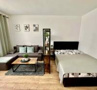 REZERVOVANÝ PREDAJ 1-izbový byt, Vlčince - okr. Žilina - Obývacia izba v 1-izbovom byte s pohovkou, posteľou a dekoráciami, podlaha s dreveným dekorom.