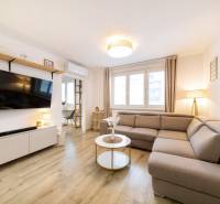 PREDAJ 2 izbový moderne zrekonštruovaný byt s klimatizáciou, CENTRUM - Obývacia izba v 2-izbovom byte s pohodlnou sedačkou a podlahou s dreveným dekorom.