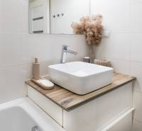 PREDAJ 2 izbový moderne zrekonštruovaný byt s klimatizáciou, CENTRUM - Kúpeľňa v 2-izbovom byte s umývadlom, podlahou s dreveným dekorom a dekoratívnym rastlinným aranžmánom.