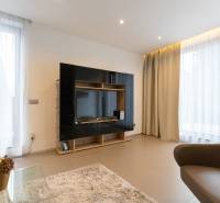 Exkluzívny 2i byt s terasou a parkovaním, Kramáre - Obývacia izba v 2-izbovom byte so svetlými závesmi a televíznou stenou.