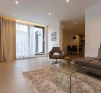 Exkluzívny 2i byt s terasou a parkovaním, Kramáre - Obývačka v 2-izbovom byte s pohodlnou sedačkou, kreslom a sklom stolíkom.