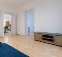 Priestranný 3i byt s vysokými stropmi, Dunajská - Obývacia izba 3-izbového bytu s modrou sedačkou a podlahou s dreveným dekorom.