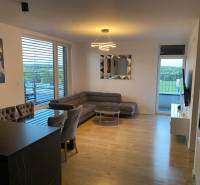 3-izb. byt, Zuzany Chalupovej, Petržalkou s veľkou terasou a saunou - Obývacia izba s rohovou sedačkou, jedálenským stolom a podlahou s dreveným dekorom.