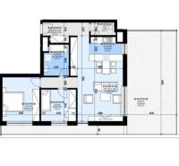 3-izb. byt, Zuzany Chalupovej, Petržalkou s veľkou terasou a saunou - Pôdorys 3-izbového bytu s kuchyňou, obývačkou, spálňou a terasou.