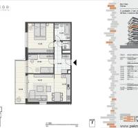3-izb. byt, Martina Granca, Dúbravka, novostavba Pekná výhliadka - Pôdorys 3-izbového bytu s podlahou s dreveným dekorom, balkónom a funkčným rozvrhnutím miestností.