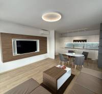 3-izb. byt, Martina Granca, Dúbravka, novostavba Pekná výhliadka - Obývacia izba s podlahou s dreveným dekorom v 3-izbovom byte, otvorená kuchyňa s jedálňou.