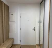 3-izb. byt, Martina Granca, Dúbravka, novostavba Pekná výhliadka - Vstupná chodba s bielymi dverami, zrkadlovou skriňou a podlahou s dreveným dekorom v 3-izbovom byte.