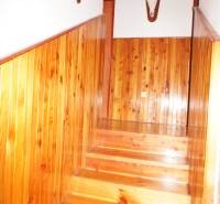 Rodinný dom v obci Čilížska Radváň s veľkým pozemkom - Drevené schody s obložením v rodinnom dome, ozdobené trofejami na stenách.