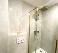 4-izb. byt, Cabanova ul., Dúbravka so samostatným vstupom - Sprchový kút so zlatým rámom na ulici Cabanova, 4-izbový byt, elegantná kúpeľňa.