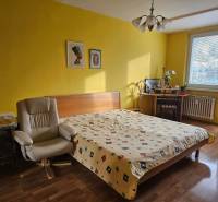 Veľký 2-izb. byt na ul. Nezábudková, Ružinov pri OC Retro - Spálňa v 2-izbovom byte s podlahou s dreveným dekorom, žltými stenami a nástennými obrazmi.