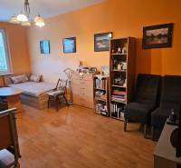 Veľký 2-izb. byt na ul. Nezábudková, Ružinov pri OC Retro - Izba s oranžovou stenou, podlahou s dreveným dekorom, posteľou a nábytkom v 2-izbovom byte.