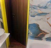 Garzónka M. Schneidra Trnavského, Dúbravka, veľká lodžia - Kúpeľňa v garsónke s modernou mozaikou a podlahou s dreveným dekorom.