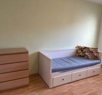 3-izb. byt, Palkovičova ul., Ružinov, lodžia, 4.p./12 - Izba v 3-izbovom byte s podlahou s dreveným dekorom, lôžkom a komodou.